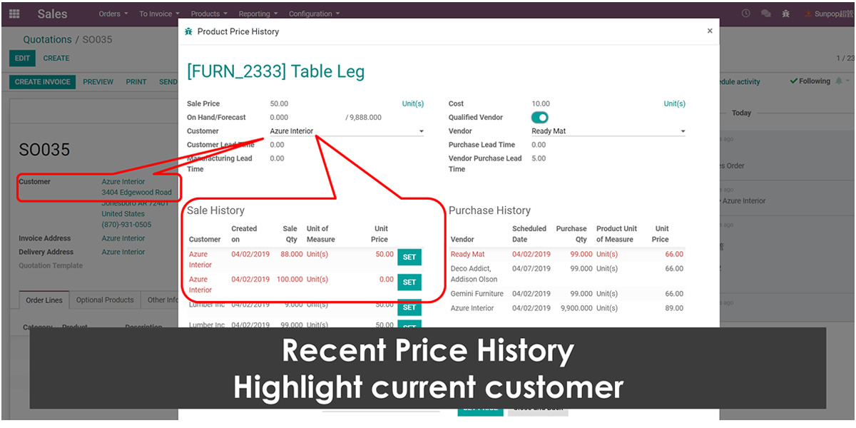 Show Product Price History and Stock Available in Order