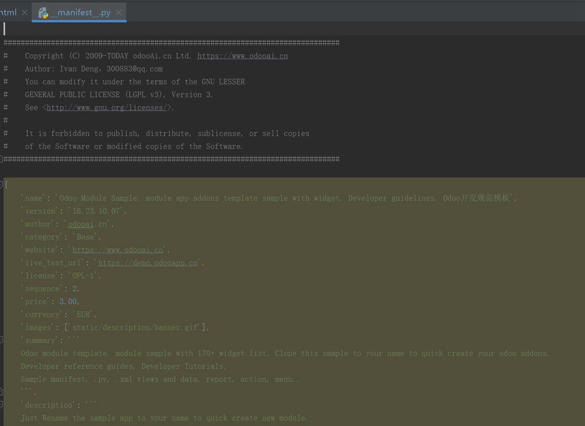 Odoo Module Template. App sample with widget.